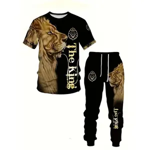 Men's 2-Piece Lion Printed Sportswear Set - Short-Sleeved T-Shirt, Pants, Summer Comfortable Menswear Clothing Set