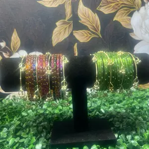 Vibrant Style Set: 12 Kashmiri Glass Bangles & 4 Gold-Tone Accent Pieces