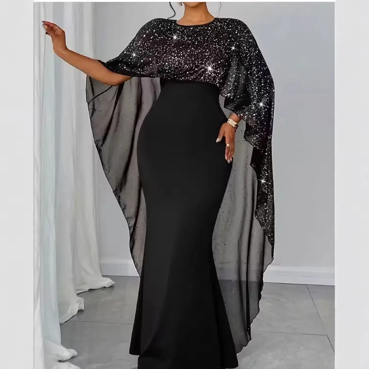 Plus Size Sequin Evening Dress - and Versatile with Star-Dot Design and Capelet Detail, Dress