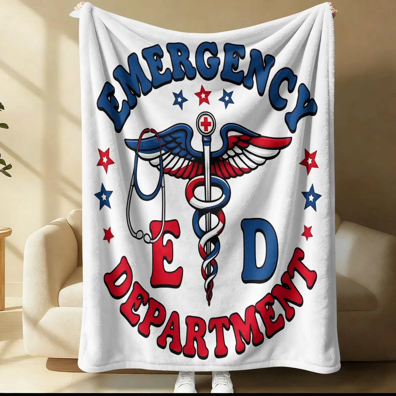 Patriotic Emergency Department Print Flannel Blanket, Medical Caduceus & Stethoscope Collage Throw Blanket, Cozy Soft Warm Blanket for Bed & Couch, Appreciative Gift Blanket for ER Nurses, Doctors & Medical Staff