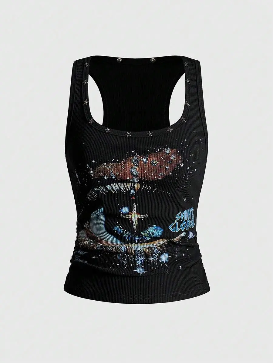 NYALA Kpop Retro Starry Sky Rivet Print Tank Top Unisex Streetwear Spring Summer