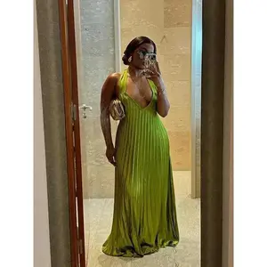 Green Evening Dresses Woman Elegant Sexy Summer Pleated Dress Hollow Out Lady Halter Neck Backless Dress Wholesale Drohipping(Sheets)