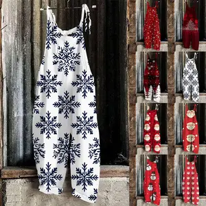 Women’s Christmas Snowman Print Adjustable Strap Jumpsuit - Wide Leg Rompers, Loose Casual Bib Overalls, Strappy Dungarees Onesie