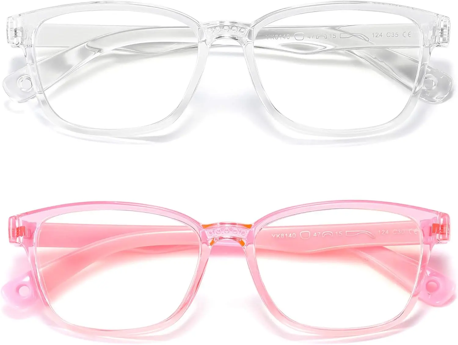 Kids Blue Light Blocking Glasses 2 Pack, Anti Eyestrain UV Protection, Computer Gaming TV Phone Glasses for Boys Girls Age 3-9 (Clear+Transparent Pink)