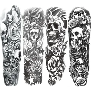 Fake Skull Temporary Sleeve Tattoos Halloween Arm Tattoos for Men Women,4-Sheet