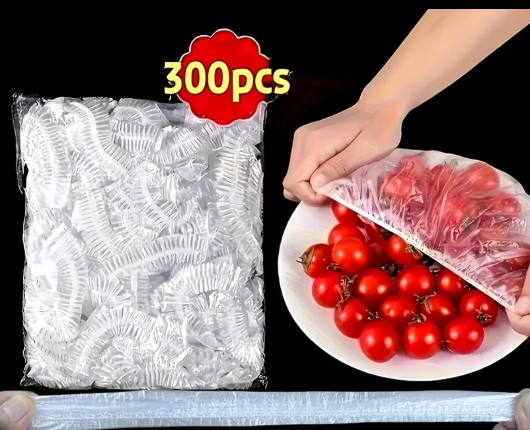 300 Pcs Disposable Elastic Food Freshness Wraps - Clear Stretchable Kitchen Cling Film, Multi-Use Odorless Plate Covers for Food Preservation