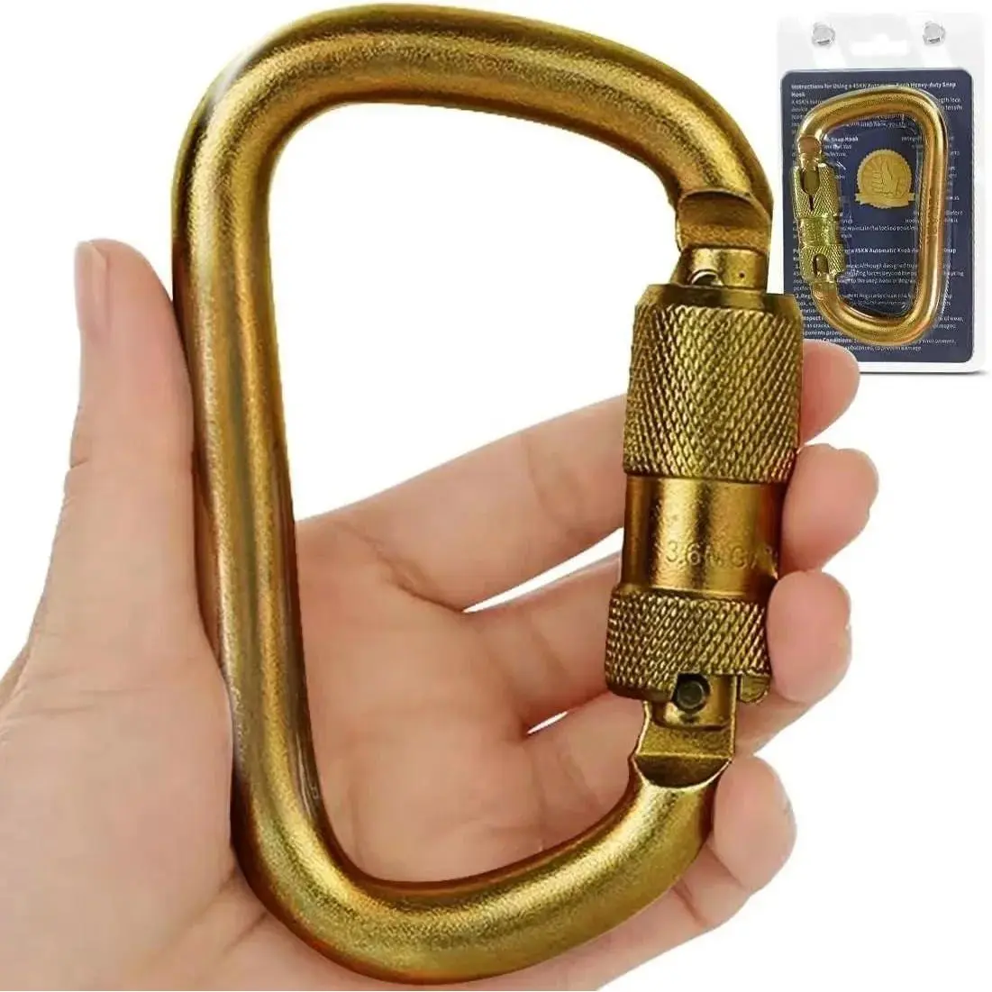 Large D-Shaped Carabiner, 45KN Heavy Duty Alloy Steel Auto-Locking Hook for Rock Climbing, Mountaineering, Rescue & Camping, Gold, 9.8 oz, Tree Climbing, 9.8 Ounces