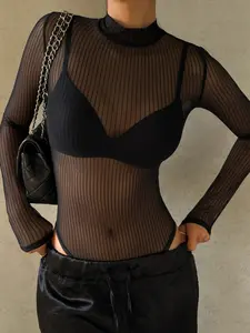 Sexy Backless Mesh Long Sleeve Jumpsuit, Sheer Bodycon Romper for Women, Fashionable and Slim-Fitting One-Piece Bodysuit