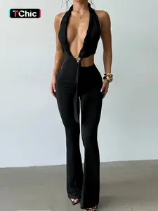 Women's Sexy Slim-Fitting Plain Flare Leg Jumpsuit, Deep V Neck Design, Perfect for Casual & Party Wear, Comfortable All-Season