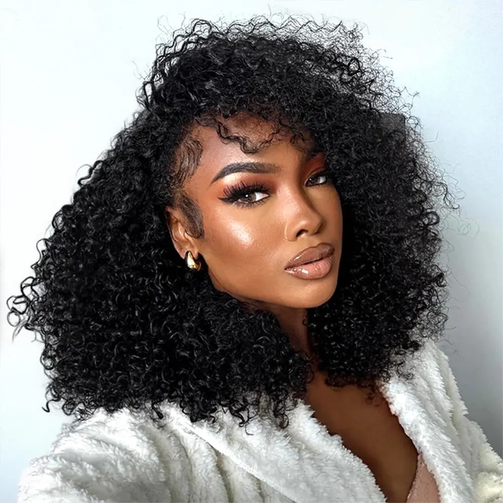 Celie Hair Kinky Curly Half Wig Invisible Hairline Glueless Human Hair Wigs Updated Drawstring No Lace Seamless Flip Over Wig Beginner Friendly
