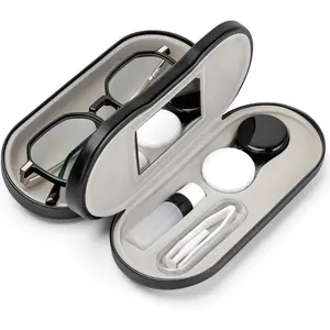 2 in 1 Contact Lens and Glasses Case Double Sided Portable Eyeglasses Case with Built-in Mirror Tweezer Remover and Contact Lens Solution Bottle Storage Kit for Travel Outdoors Daily Use