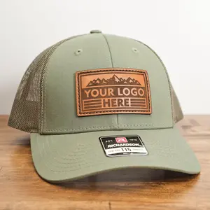 Leather Patch Trucker Hats Low Profile | Richardson 115 Custom Logo Hats Made with Real Leather, Engraved Business Hats, Company Hats