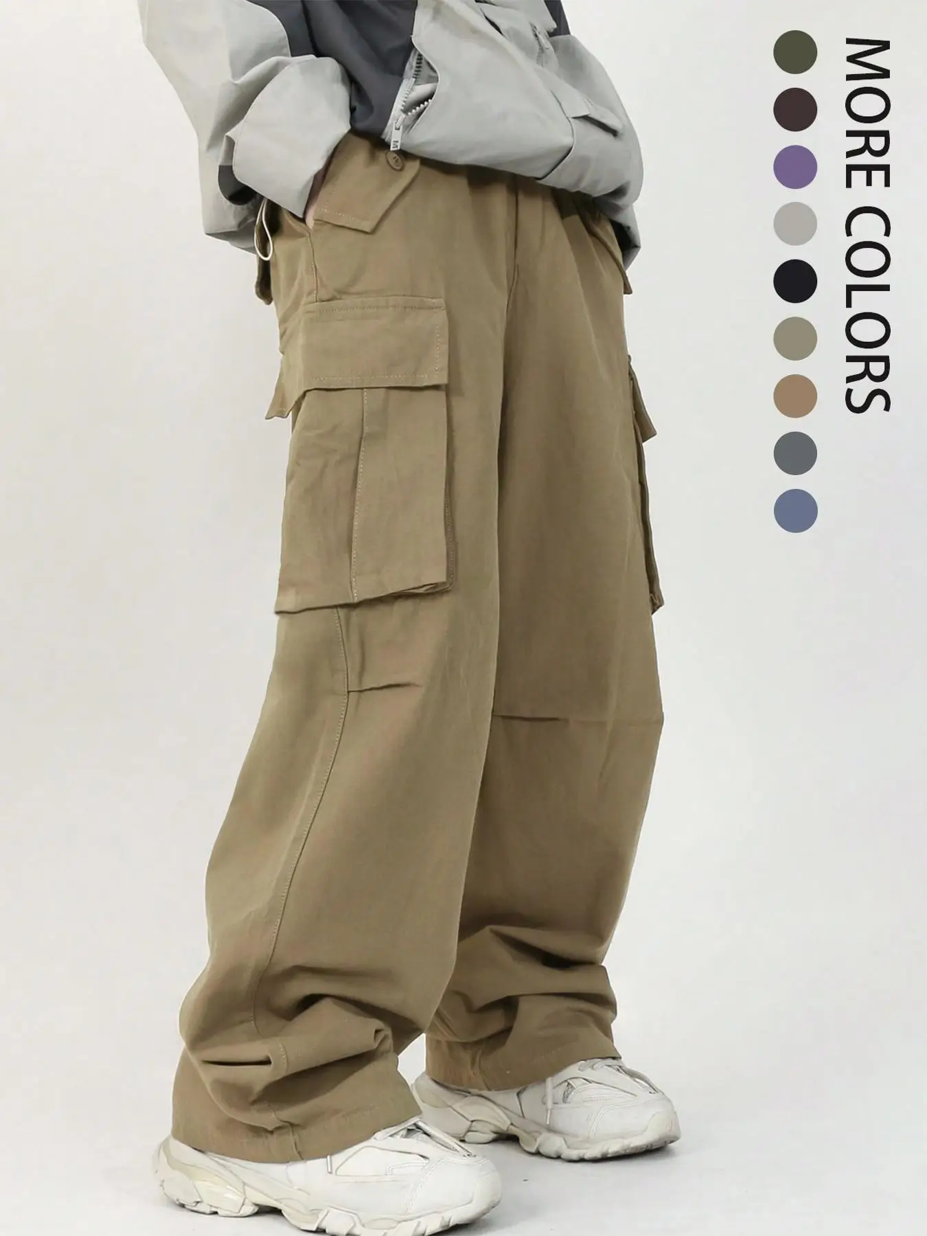 Men's Loose Plain Minimalist Basic Multi-pocket Drawstring Cargo Pants, 2000s Pants, Summer Outfits 2024, Casual Fashion Elastic Waist Flap Pocket Wo