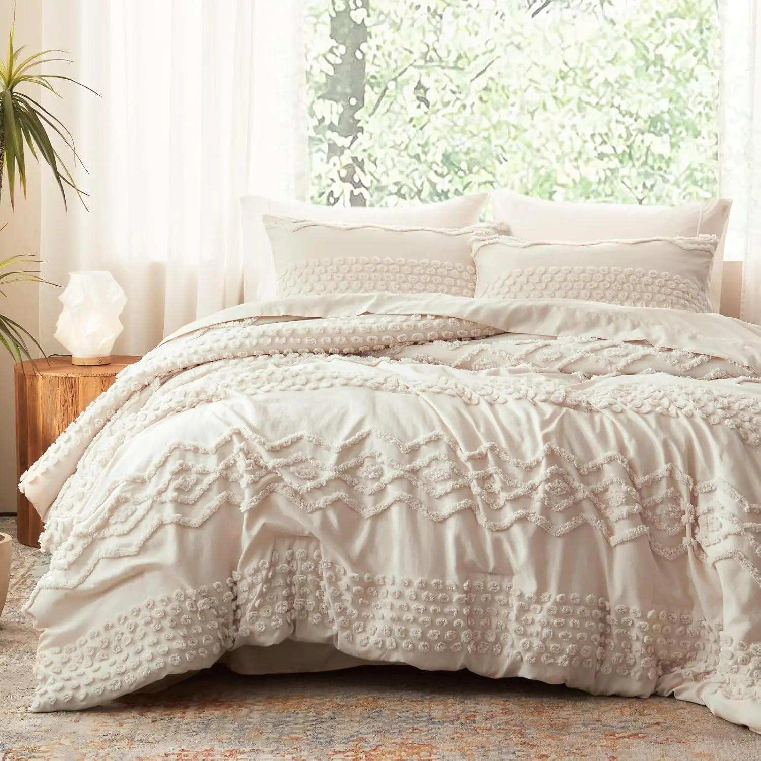 Beige Tufted Comforter Set King Size 3 Pieces Boho Comforter Farmhouse Embroidery Bed Set Soft Comforter for All (Beige, 104''x90'')