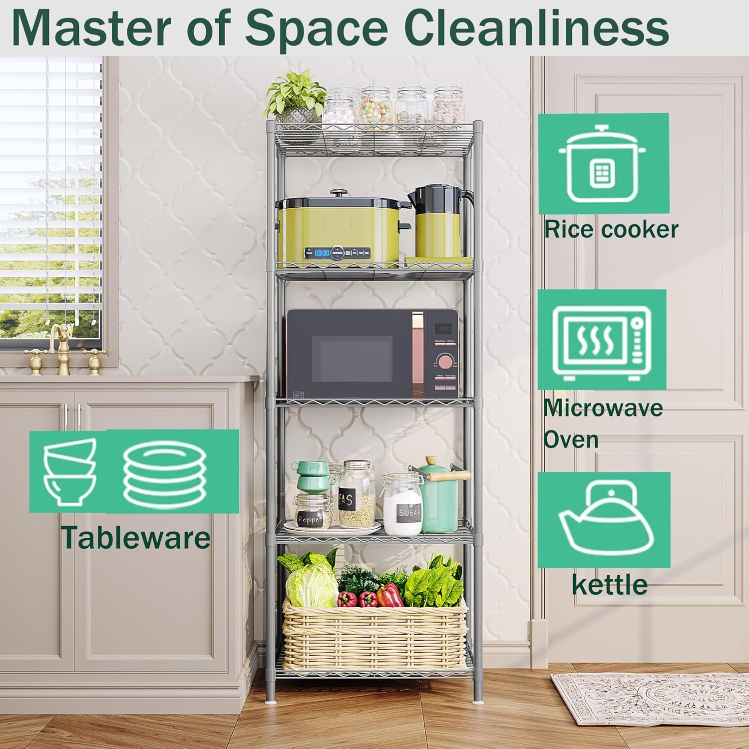 Wire Rack Shelving Organizer 5-Tier Heavy Duty Metal Standing Storage Unit for Garage Kitchen Utensils Home Supplies Installation Sliver