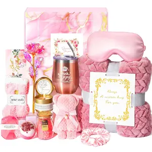 Easter Gift  Basket for Women Mom Her Sister Grandma, Birthday Gift Get Well Self Care Gift For Friend, Relax Spa Set-Luxury Flannel Blanket Rose Flower, Wife Easter Gift  Mothers Day Jeowoqao