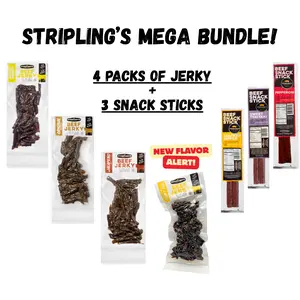 Stripling's Mega Bundle Variety Pack - Hickory Smoked/Peppered/ Jalapeño/Honey BBQ Beef Jerky - Family Owned Premium Beef Jerky Snack Packs - Made in the USA (3-Pack)