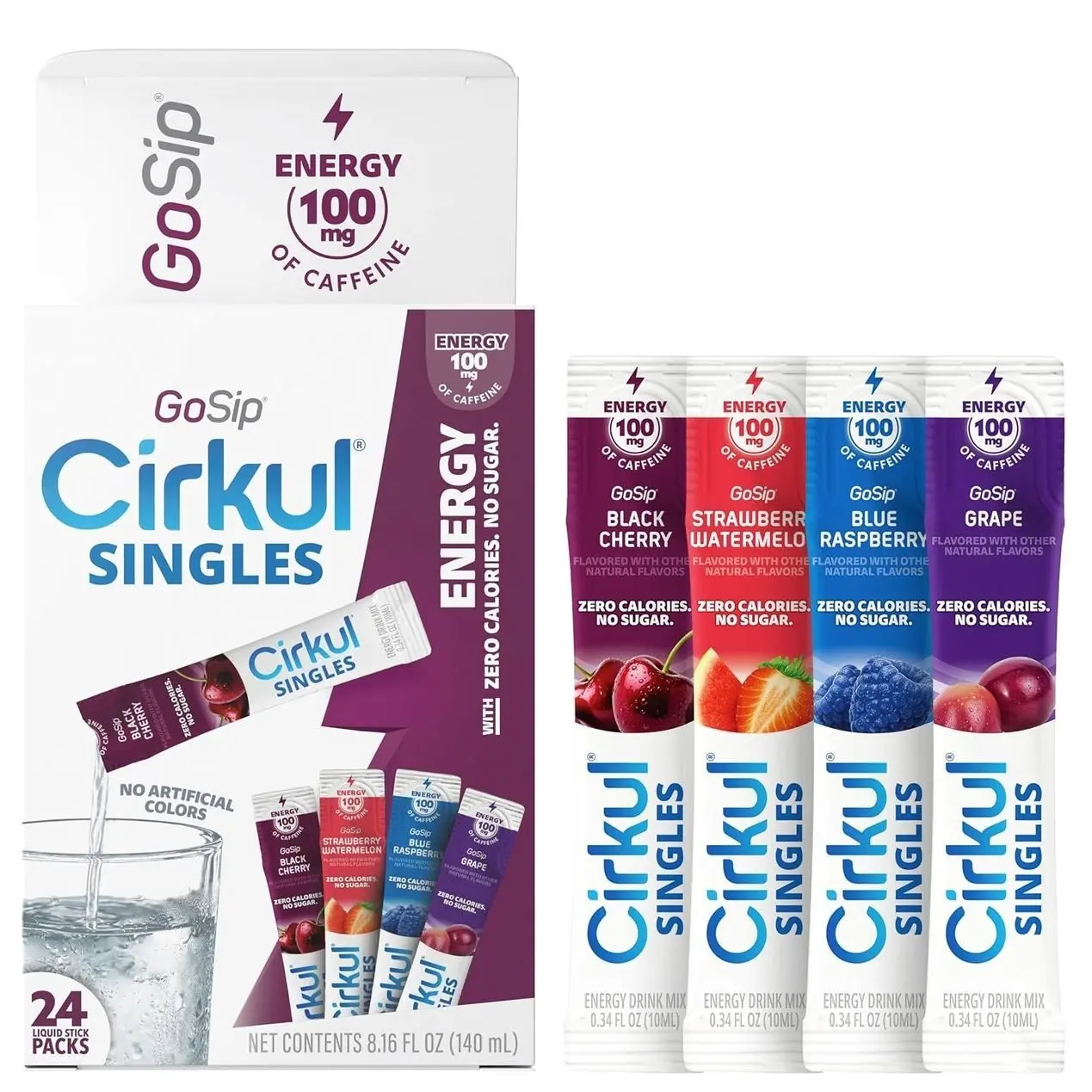 Cirkul GoSip® Energy Drink Mix Clear Liquid Packets (24-Pack) - Blue Raspberry, Black Cherry, Strawberry Watermelon, Grape. No Sugar, Zero Calorie Caffeinated Water Flavoring, No Artificial Colors