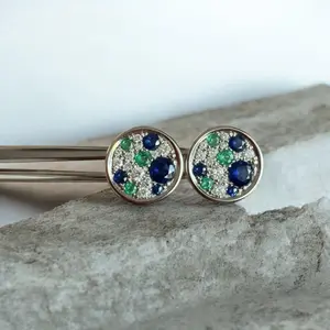 14kwg Round Sapphire Emerald & Diamond Earrings