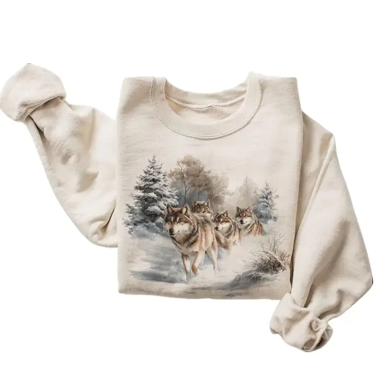 Retro 90's Winter Wolf Sweatshirt, Unisex Casual Vintage Wildlife Graphic, Cotton Polyester Crewneck