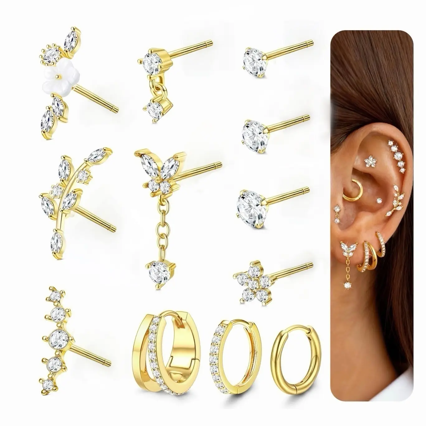 GANIA Hypoallergenic Cartilage Earrings (Flat-Back Style) – 12 Styles for Layering – Earrings Suitable for Sensitive Ears – Set of flat-back studs and hoop earrings, suitable for piercings in the tragus, concha, helix, and other areas (Single piece)
