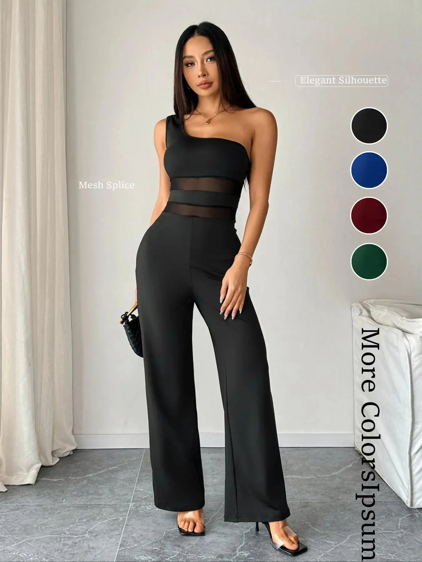Women's single shoulder off-shoulder sheer mesh wide-leg jumpsuit, high-waisted mesh patchwork jumpsuit, sexy chic party jumpsuit - slimming jumpsuit & mature lady style, suitable for spring, summer, autumn, formal banquet occasions/commuting/dating