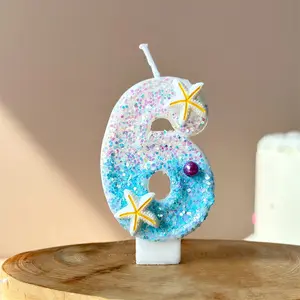 1pc Ocean Theme Number 6 Birthday Candle with Glittering Seashell Decor - Turquoise to Purple Ombre Gradient Cake Topper - Magical Mermaid Beach Party Supplies - Under the Sea Wedding Anniversary Celebration Decorations Ornaments
