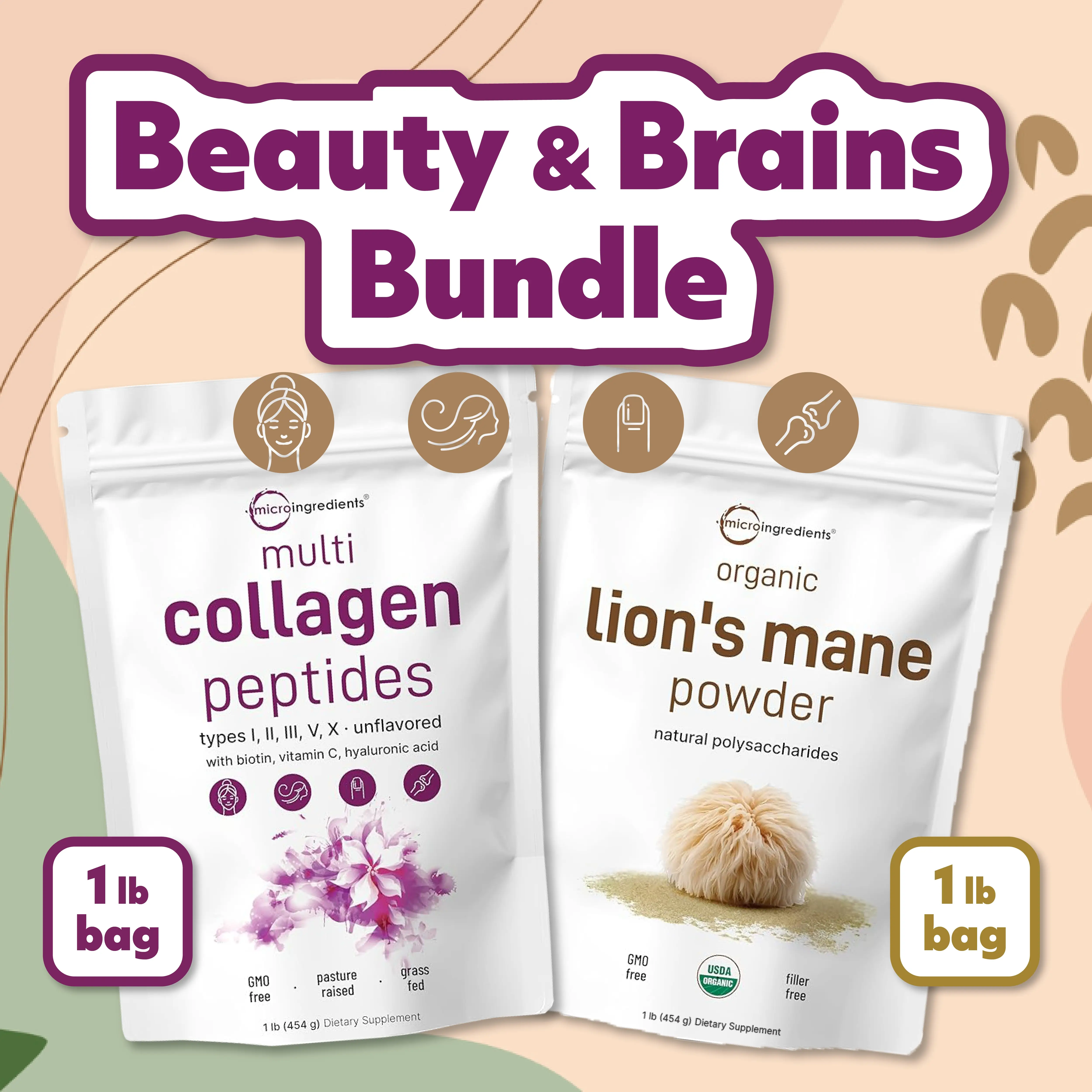 Micro Ingredients Beauty & Brains Bundle: Multi Collagen Peptides Powder & Organic Lions Mane Powder