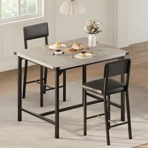 Gray Dining Table Set for 2 W/Footrest & Backrest, Counter Height Table with 2 Upholstered Bar Chairs, Kitchen Table Set with Corner Protector, for Small Space