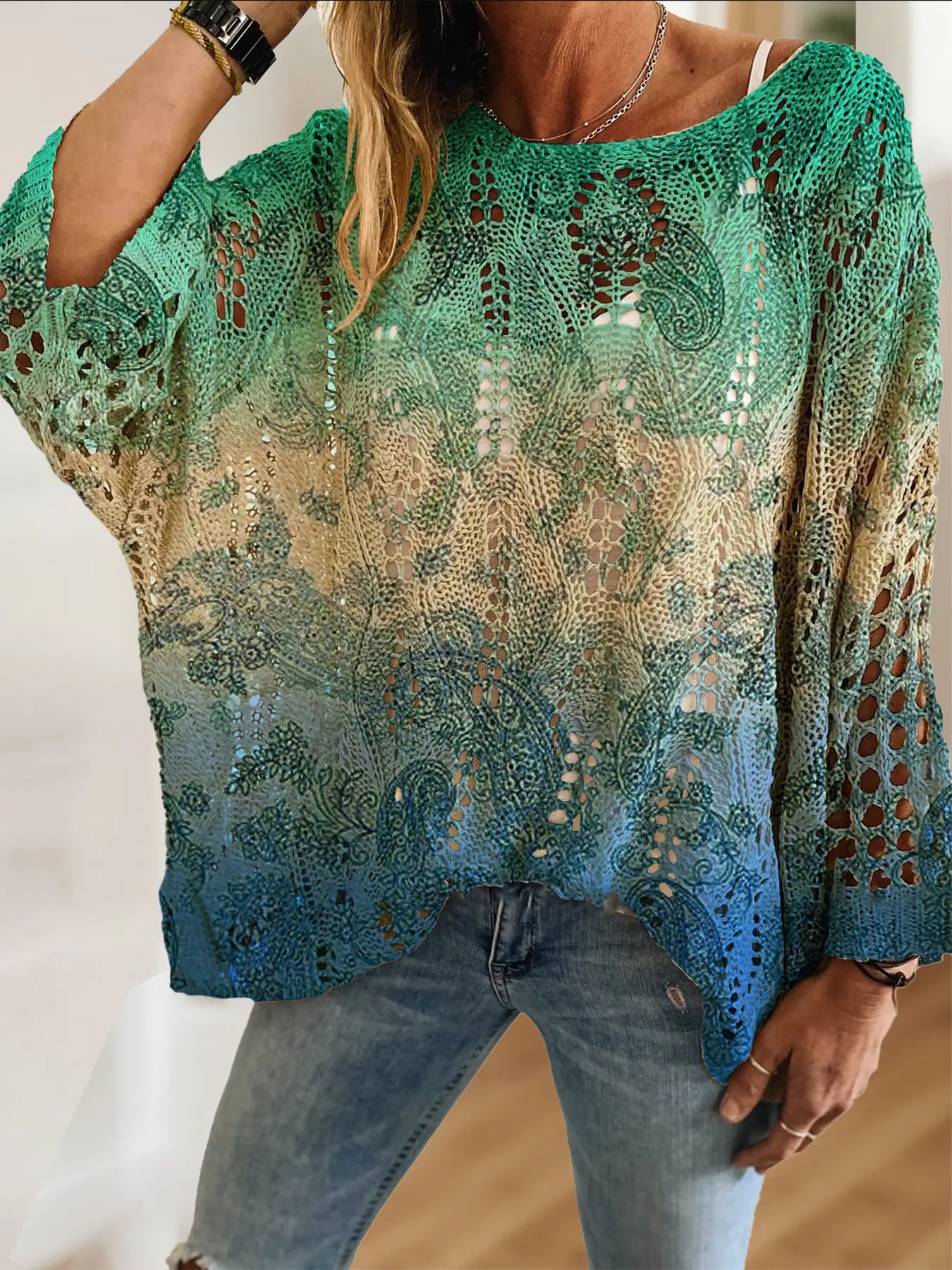 Women's Paisley Floral Gradient Knit Top, Round Neck Long Sleeve Hollow Out Sweater, Casual Elegant Vacation Style, Comfortable Breathable