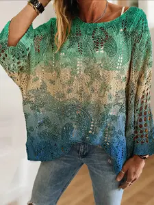 Women's Paisley Floral Knit Top, Round Neck Long Sleeve Hollow Out Sweater, Casual Elegant Vacation Style, Comfortable Breathable
