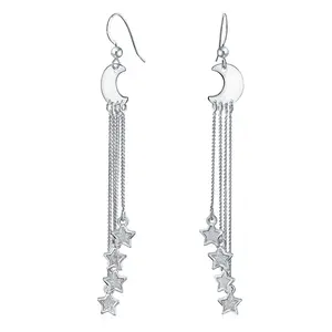 Astrology Boho Crescent Moon Stars Dangle Earrings Silver