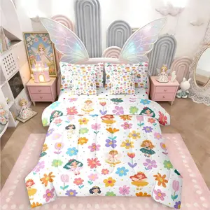 Cute Floral Comforter Set with Sheets Boho Floral Kids Cartoon Fairy Princess 7 Piece Bedding Set,Spring Rustic Flowers Bed in a Bag,Kawaii Elf Room Decor,White