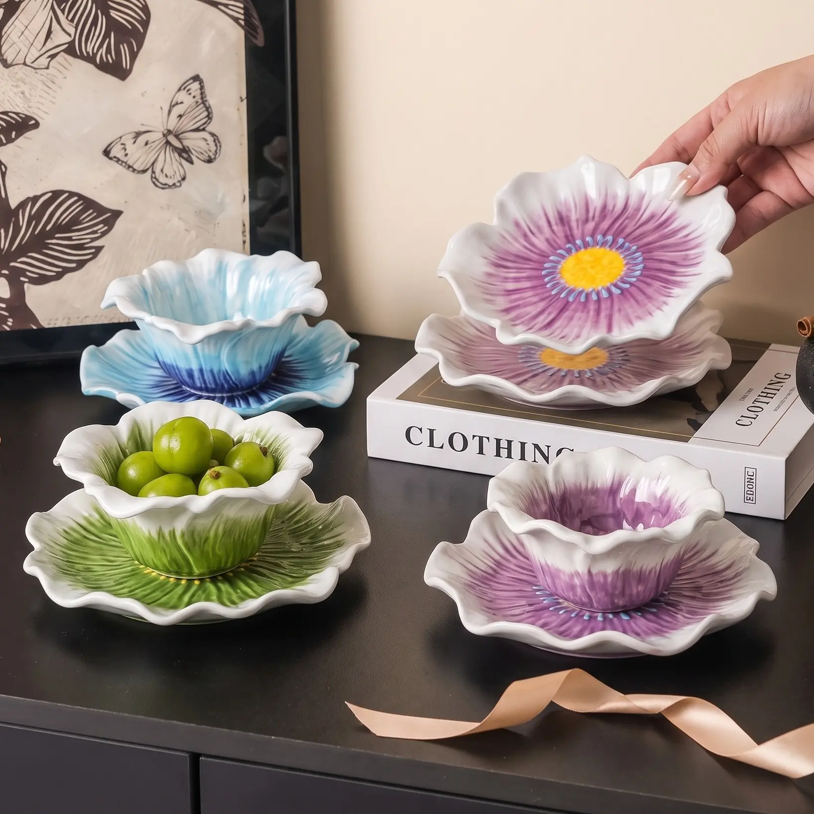 HongDian Flower Shaped Ceramic Bowl Plate Series,Optional 220ml 7 oz Bowl and Matching Dessert Plate,Blue Green Pink Available,Painted Floral Detail,Premium Ceramic,Underglaze Non Fading,Oven Microwave Dishwasher Sterilizer Safe,For Fruit,Dessert,Snack, F