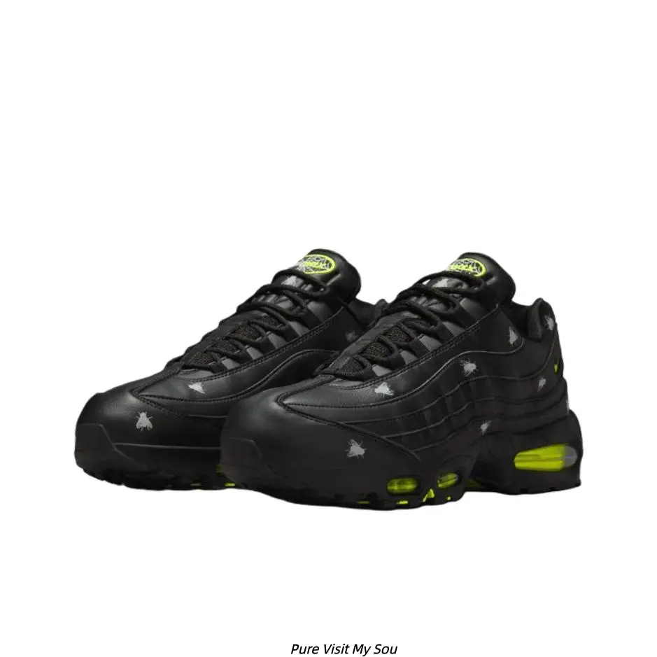 Black Neon Green Visible Cushion Retro Layered Running Shoes, Dark Techwear Street Daily Sneakers Men Women All Seasons