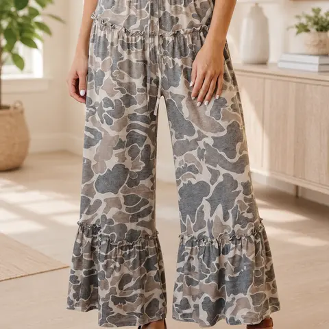 Women's Tiered Cute Feminine Multicolour Camo Pants - Stretchy Wide Leg, Drawstring, Ruffle Detail, All-Season Comfortable Fit, Everyday Casual Bottoms, Ideal for Back-to-School Womenswear Customized