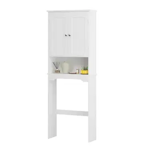 White Over-The-Toilet Freestanding MDF Bathroom Storage Cabinet, Tall Space-Saving Organizer with Adjustable-Removable Shelves, Beadboard Panels, Anti-Tip Safety Kit for Small Bathrooms