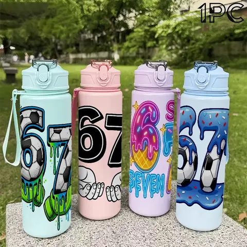 1pc 67 Design Plastic Water Bottle, Blue,Green,Purple, Leakproof Water Bottles, Plastic Sports Bottle, Leakproof Reusable Bottle, Flip Top, 25oz 750ml Lightweight Portable Leak Proof Drinking Travel Drinks Bottle Running, Drinkware Ideal Gift for Birthday