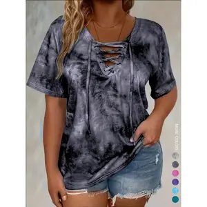 Women's Plus Size Tie-Dye Bow Front T-Shirt, Casual Pattern Print Top, Comfortable Stretch Fabric, Perfect for Daily Wear & Gifts
