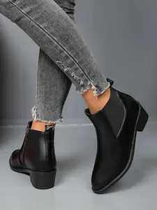 Women's New Fashion Comfortable PU Leather Pointed Toe Low Heel Short Boots, Slip-On Elastic Mouth Spring Fall Shoes