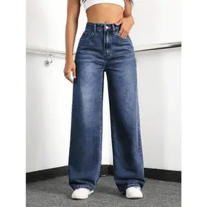 Women’s high-waisted wide-leg loose elastic boyfriend jeans, light blue minimalist basic underwear for everyday wear, Japanese cuff jeans, winter fashion, comfortable slim-fit jeans GARMENTARY