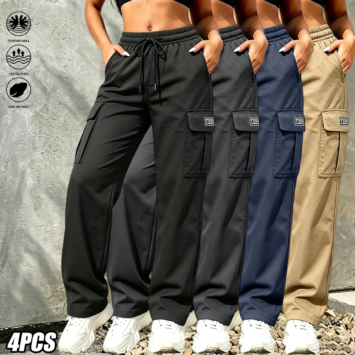 Women’s solid-color cargo pants, 4-pack, featuring an elastic waistband with stretch and practical pockets with large capacity for easier storage.Versatile women’s wear suitable for all seasons—ideal for everyday casual wear, outdoor outings, and workwear