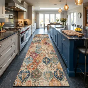 Washable Colorful Vintage Runner Rug 2.6x10 ft 2.6x7 ft. Super Soft Velvet Indoor Carpet with TPR Non-Slip Backing. Boho Floral Medallion Floor Mat for Hallway Kitchen Entryway Bedside. Pet Friendly Easy Clean Cozy Room Decor Suitable for Any Scene.