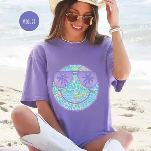 Comfort Colors Purple Leopard Smiley Shirt Comfort Colors, Cute Summer Oversized Beach Tee, Swimsuit Cover Up Gift for Her, Cotton Fabric
