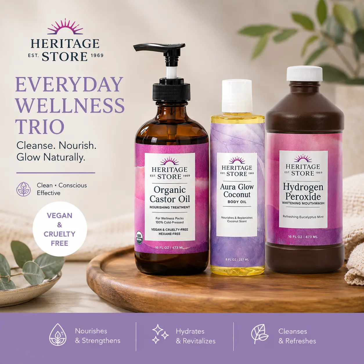 Everyday Wellness Bundle– Castor Oil + Aura Glow Body Oil + HPM Mouthwash – Cross-Category Self-Care Gift Bundle