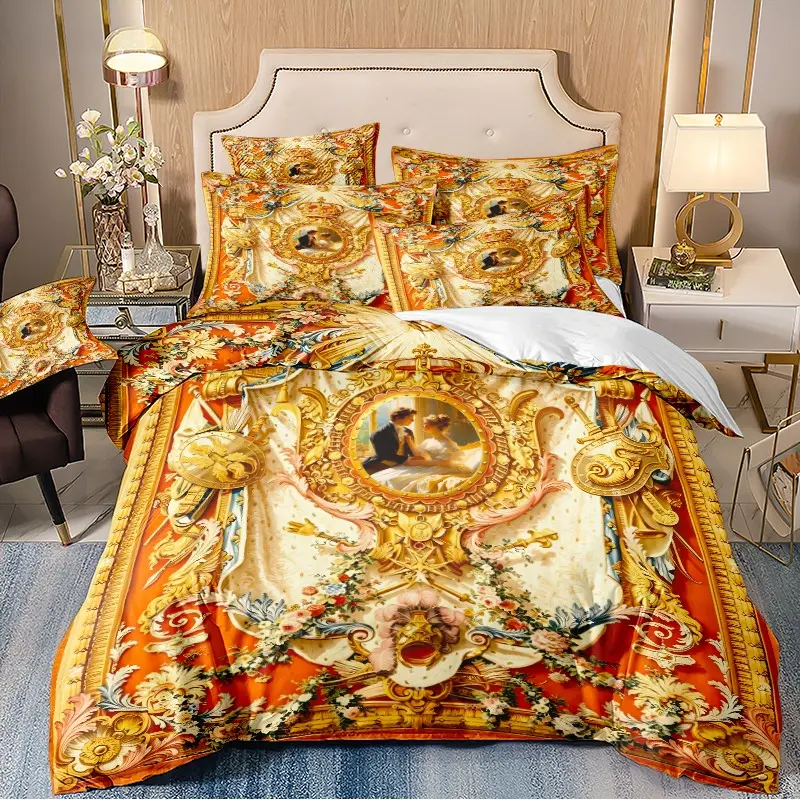 European Baroque Pattern Couples Quilt Set, Soft Breathable Bedding Set, Includes 1 Quilt Cover and 2 Pillowcases, Ideal for Bedroom Decor