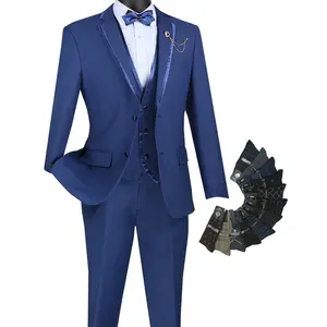 Luxurious Men's Slim-Fit 3-Piece Trimmed Lapel Textured Solid Suit Blue
