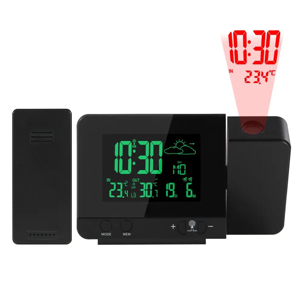 Projection Alarm Clock with Weather Station 8 Color Backlight Digital Ceiling Projector Clock with Wireless Outdoor Sensor for Bedroom Bedside US