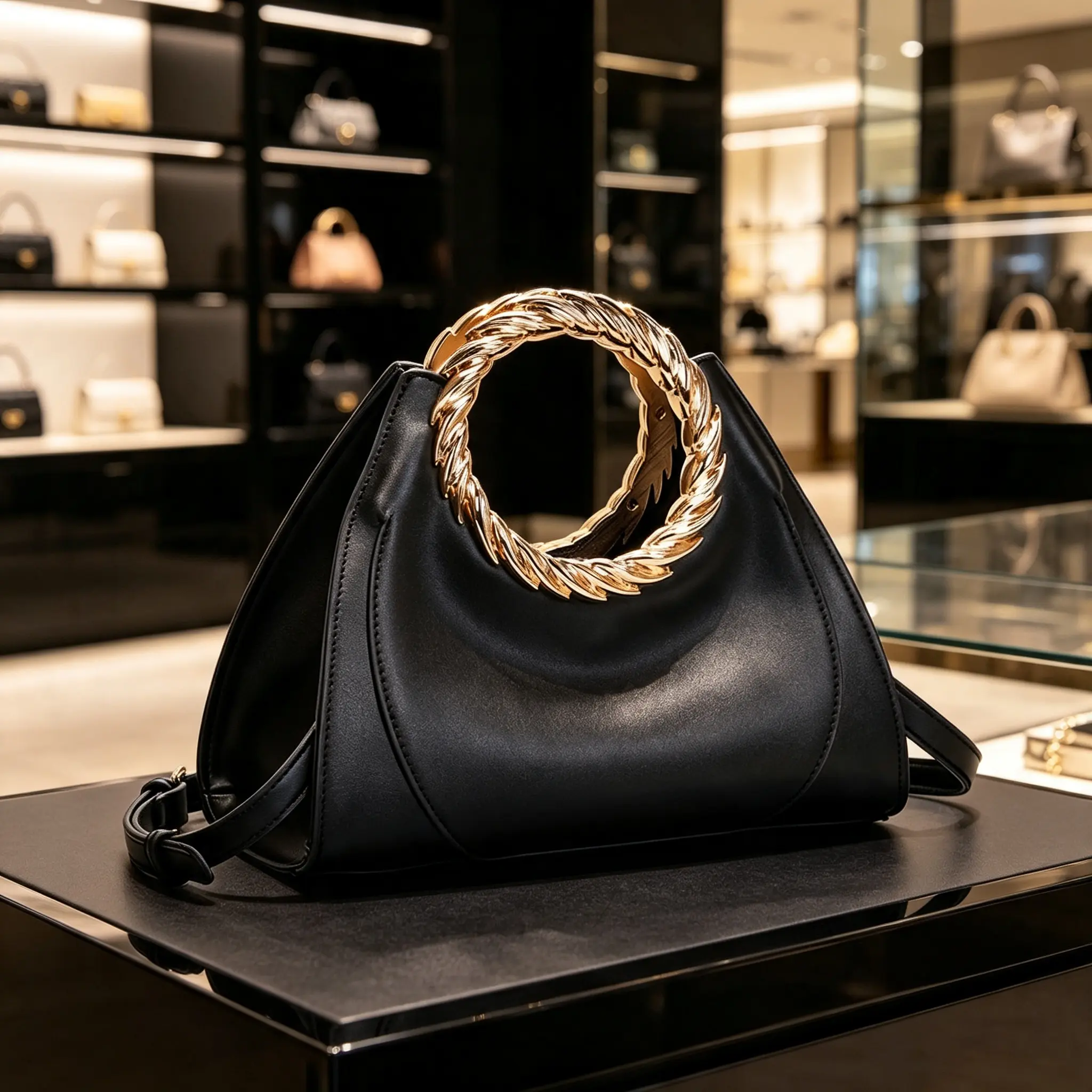 Minimalist Light Luxury Multi-Way Women Bag with Gold Ring Hardware, Spacious Shoulder Crossbody Handheld Purse, Urban Elegant Design for Commute, Shopping & Aesthetic Cafe Photos