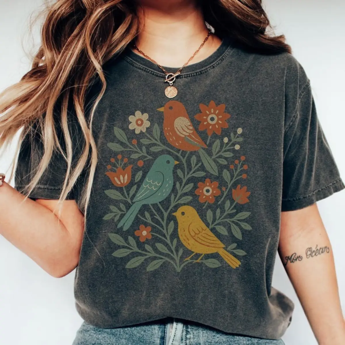 Comfort colors Cottagecore Birds and Flowers TShirt, Folk Art Scandi Art T-Shirt, Plus Sizes and Oversized Tee, Bird Gifts, Flower Gift, Gift For Her